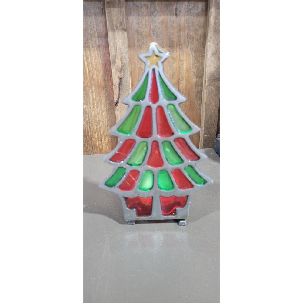 Vintage Interpur Cast Iron Stained Glass Christmas Tree Candle Holder 7.75"